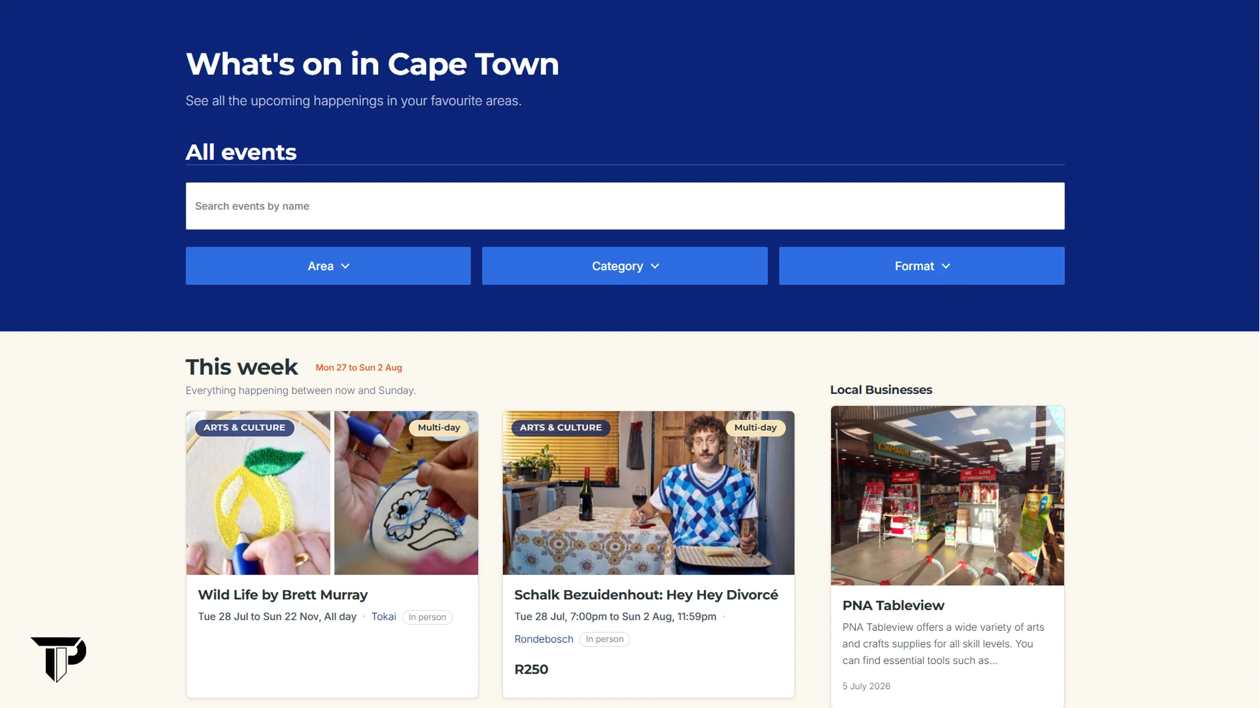 The What's on in Cape Town events page, filtered by area, category, and format