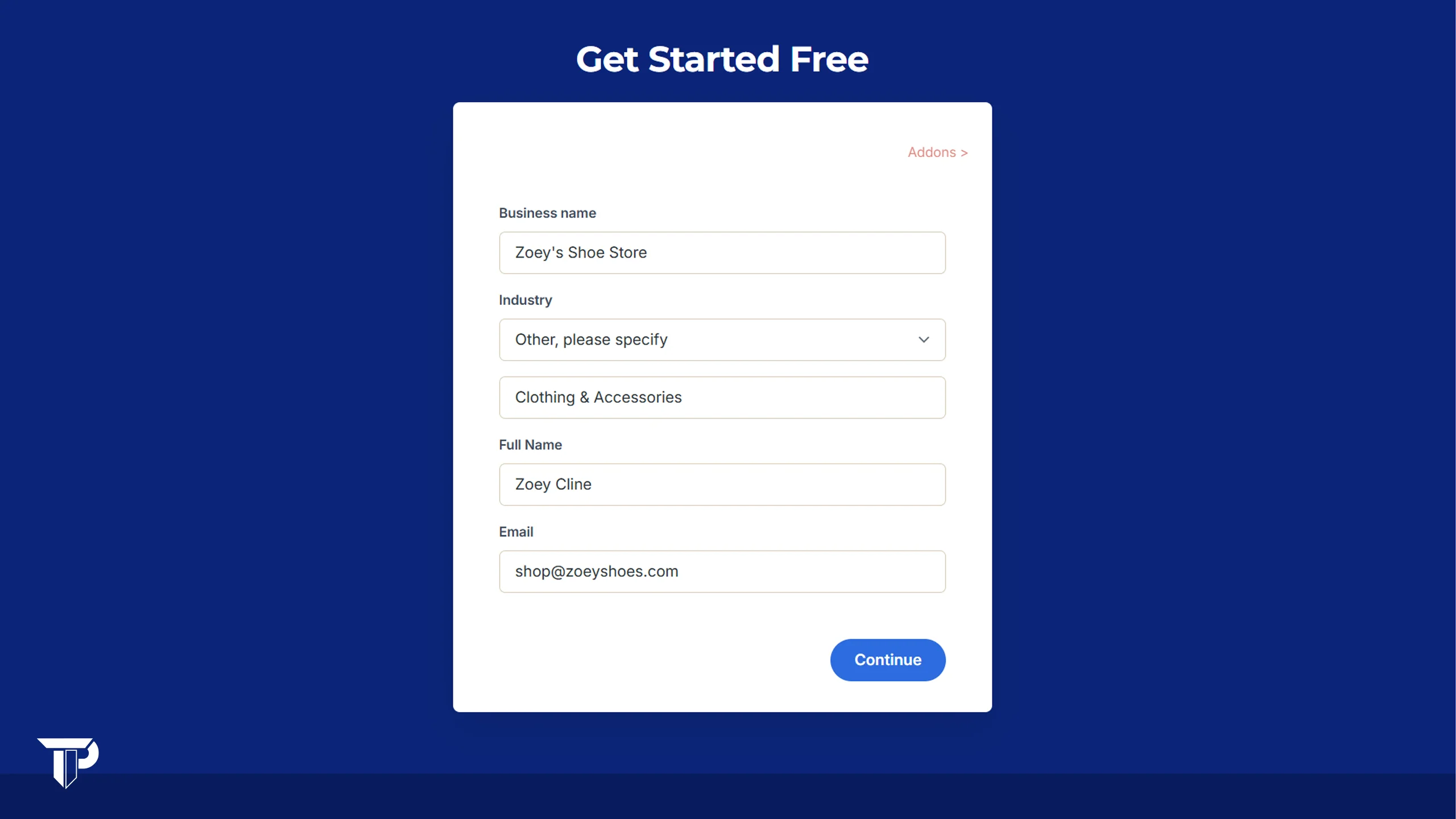 The Get Started Free listing signup form, step one of the checkout flow