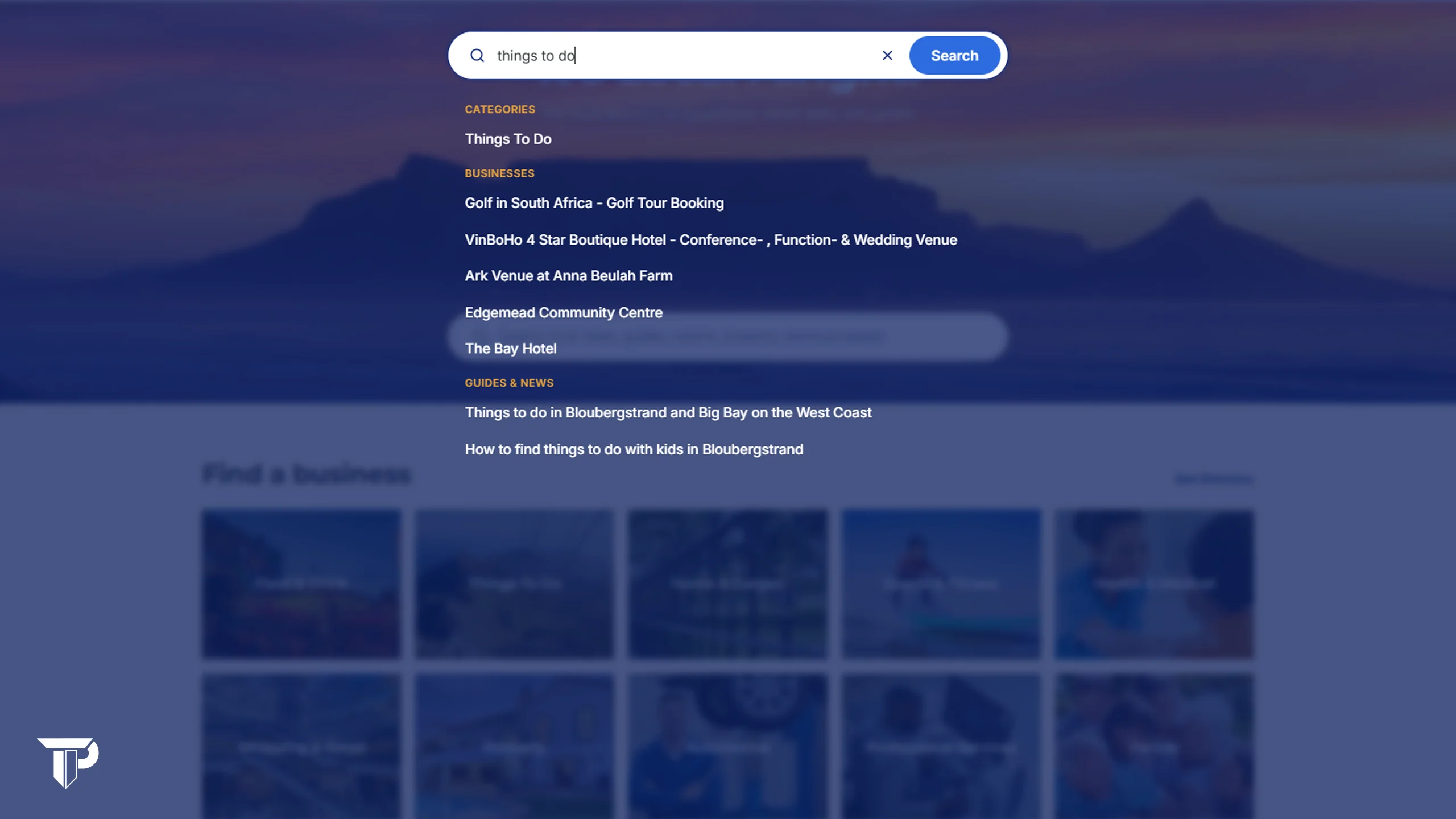 Cape Town Local search suggesting categories, businesses, and guides for 'things to do'