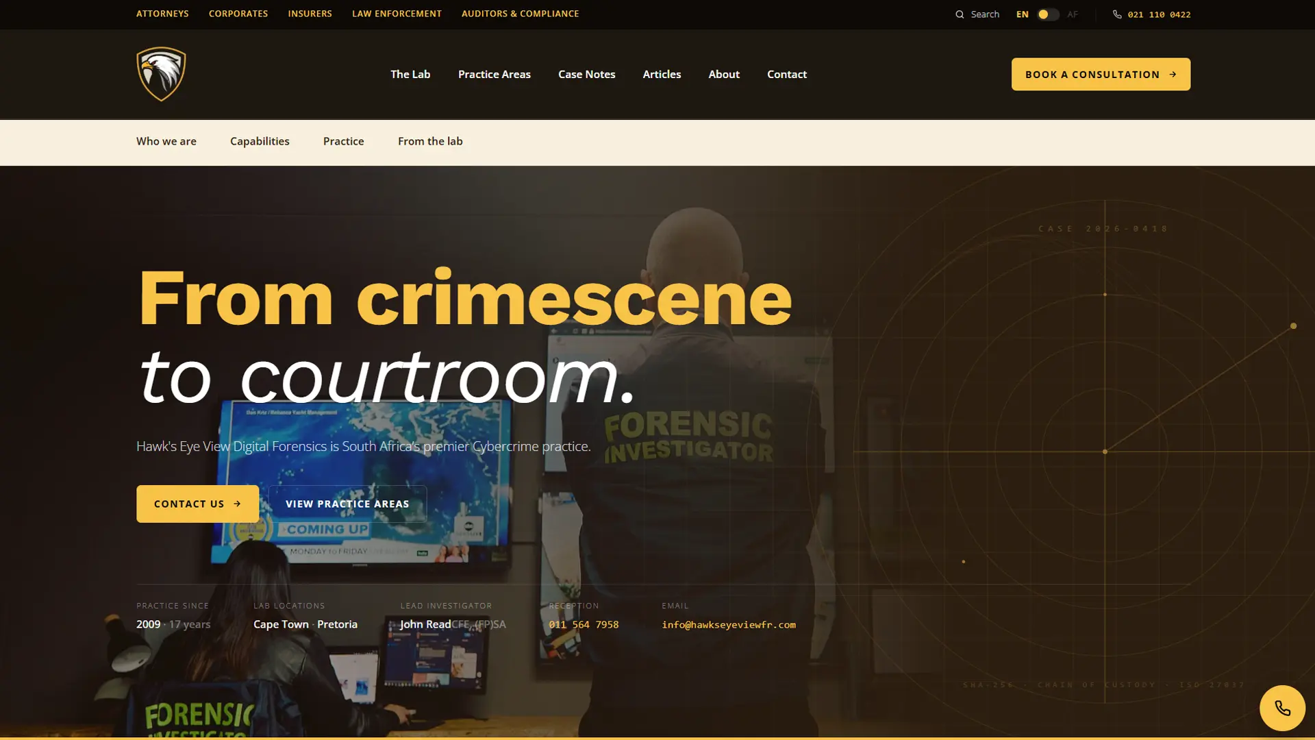 Hawk's Eye View Digital Forensics website shown on a laptop
