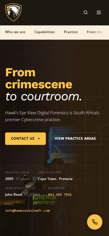 Hawk's Eye View Digital Forensics website shown on a phone
