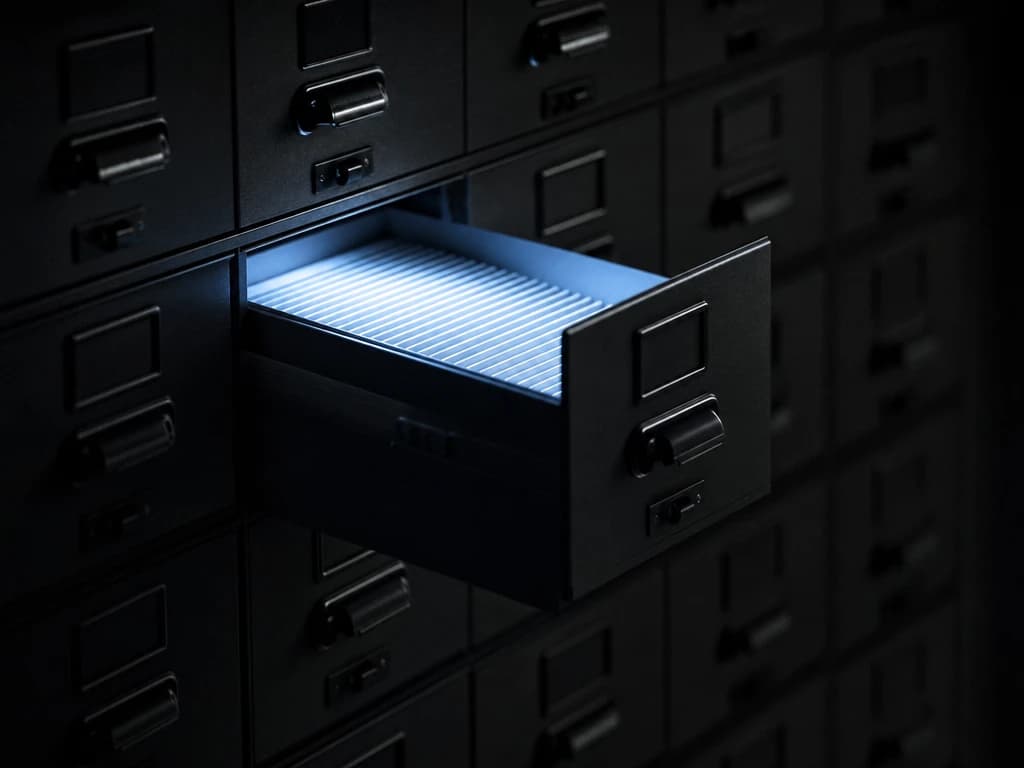 A single filing drawer lit from within