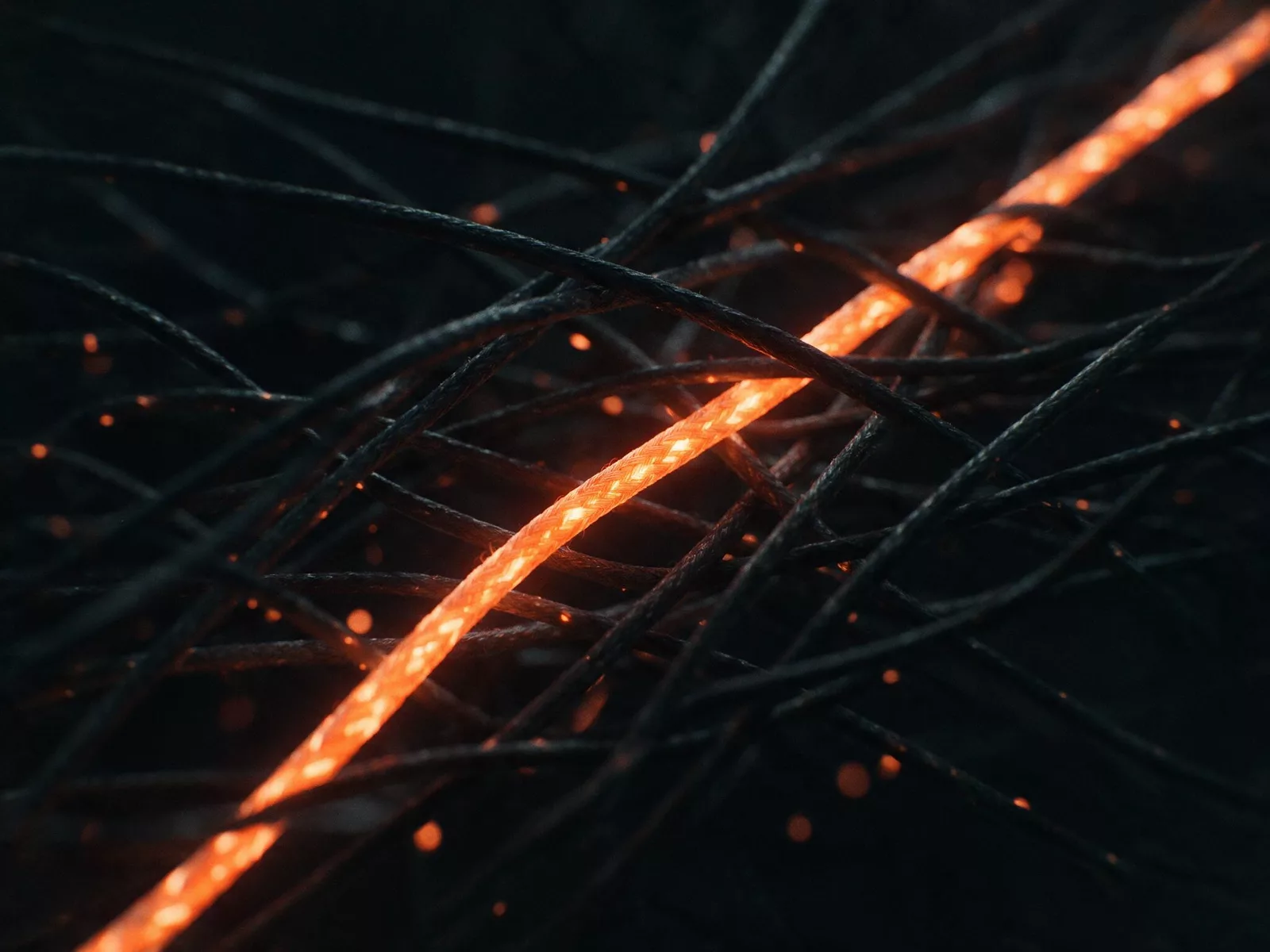 One lit strand traced through a dark tangle